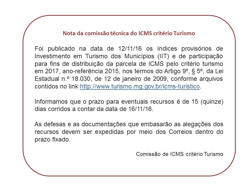 Nota da comissão técnica do ICMS critério Turismo